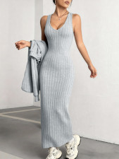 Loungewear Solid Color V Neck Skirt Suit YH-9028