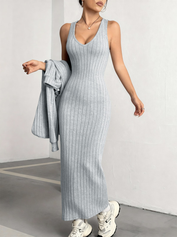 Loungewear Solid Color V Neck Skirt Suit YH-9028