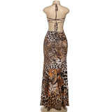 Halterneck Tie-Front Tiger-Print Maxi Dress GSLF-K25D80591