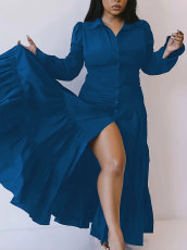 Plus Size Solid Color Lapel Maxi Dress HNIF-064