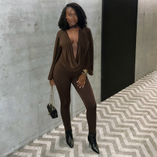 Deep V Neck Solid Color Two Piece Pant Set MXBF-J25ST352