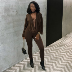 Deep V Neck Solid Color Two Piece Pant Set MXBF-J25ST352