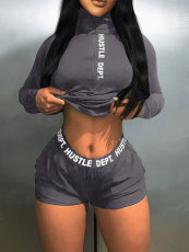 Letter Print Zipper Two Piece Shorts Set HNIF-1127
