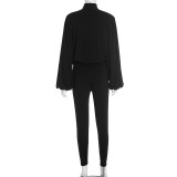 Deep V Neck Solid Color Two Piece Pant Set MXBF-J25ST352