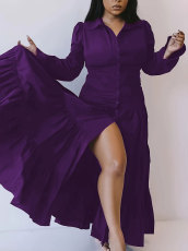 Plus Size Solid Color Lapel Maxi Dress HNIF-064