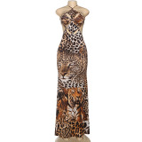Halterneck Tie-Front Tiger-Print Maxi Dress GSLF-K25D80591