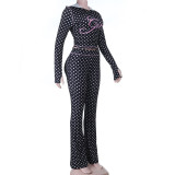 Polka Dot Hooded Zipper Two Piece Pants Set FL-25531