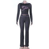 Polka Dot Hooded Zipper Two Piece Pants Set FL-25531
