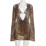 Leopard Print Bra Long Sleeve And Mini Skirt Three Piece Set GSBD-D25ST459