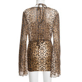 Leopard Print Bra Long Sleeve And Mini Skirt Three Piece Set GSBD-D25ST459