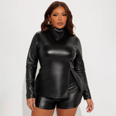 Zipper Split Leather Top Two Piece Shorts Set MXBF-Q25ST331