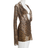 Leopard Print Bra Long Sleeve And Mini Skirt Three Piece Set GSBD-D25ST459
