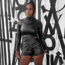 Zipper Split Leather Top Two Piece Shorts Set MXBF-Q25ST331