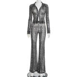 Mesh Zipper Top Flare Pants Two Piece Set GSBD-D25ST445