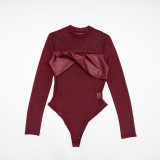 Solid Color Sexy Mesh PU Leather Long Sleeve Bodysuit GSBD-J25BS353