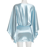 Sexy Loose Faux Silk V-neck Long Sleeve Bodycon Dress GSBD-D25DS394