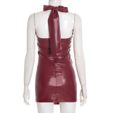 Sexy Solid Color Faux Leather Halter Neck Pleated Mini Dress GSBD-J25DS356