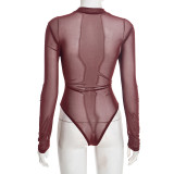 Solid Color Sexy Mesh PU Leather Long Sleeve Bodysuit GSBD-J25BS353