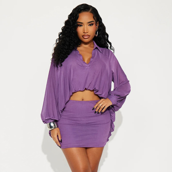 Sexy Solid Mesh Top Skirts Two Piece Set GSBD-J25ST355