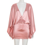 Sexy Loose Faux Silk V-neck Long Sleeve Bodycon Dress GSBD-D25DS394