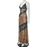 Leopard Print Patchwork Lace Maxi Dress GSBD-D25DS168