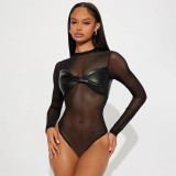 Solid Color Sexy Mesh PU Leather Long Sleeve Bodysuit GSBD-J25BS353