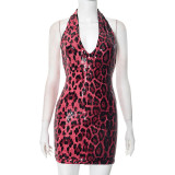 Sexy Leopard Print Sequin Deep V-neck Backless Dress GSBD-G25DS047