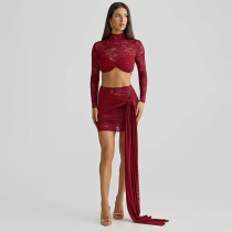 Sexy Lace Long Sleeve Top Short Skirt Suit GSBD-D25ST402