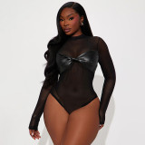 Solid Color Sexy Mesh PU Leather Long Sleeve Bodysuit GSBD-J25BS353