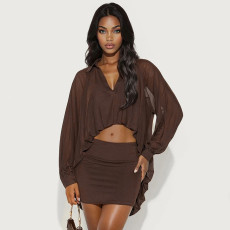 Sexy Solid Mesh Top Skirts Two Piece Set GSBD-J25ST355