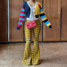 Fashion Vintage Plaid Print Flared Pants GSBD-D25PT453