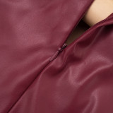 Sexy Solid Color Faux Leather Halter Neck Pleated Mini Dress GSBD-J25DS356
