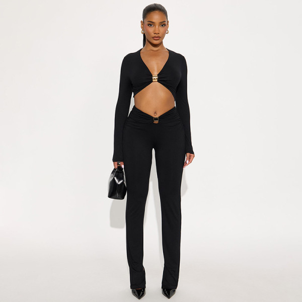 Sexy Metal Decoration Long Sleeve Top Pants Suit GSBD-J25ST342