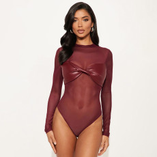 Solid Color Sexy Mesh PU Leather Long Sleeve Bodysuit GSBD-J25BS353