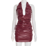 Sexy Solid Color Faux Leather Halter Neck Pleated Mini Dress GSBD-J25DS356