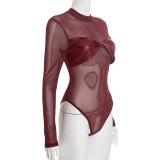 Solid Color Sexy Mesh PU Leather Long Sleeve Bodysuit GSBD-J25BS353