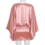 Sexy Loose Faux Silk V-neck Long Sleeve Bodycon Dress GSBD-D25DS394