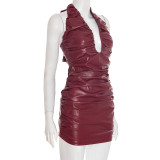 Sexy Solid Color Faux Leather Halter Neck Pleated Mini Dress GSBD-J25DS356