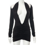 Solid Color Long Sleeve V-neck Mini Dress GSBD-C21DS456