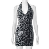 Sexy Leopard Print Sequin Deep V-neck Backless Dress GSBD-G25DS047