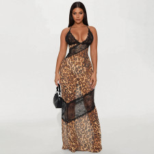 Leopard Print Patchwork Lace Maxi Dress GSBD-D25DS168