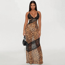 Leopard Print Patchwork Lace Maxi Dress GSBD-D25DS168