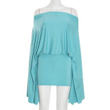 Sexy Off-shoulder Flared Sleeves Top And Skirt Two Piece Sets GSBD-D25ST397