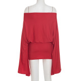 Sexy Off-shoulder Flared Sleeves Top And Skirt Two Piece Sets GSBD-D25ST397