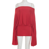 Sexy Off-shoulder Flared Sleeves Top And Skirt Two Piece Sets GSBD-D25ST397