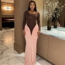 Color Block Ruched Slim Maxi Dress GSZM-J25DS383