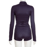 Slim Polka Dot Print Long Sleeve Zip-Up And Shorts Two Piece Set GSBD-D25ST411