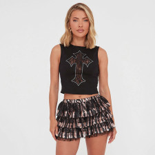 Cross Embroidered Rhinestone Pattern Tank Tops GSBD-Q25TP165