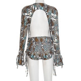 Leopard Print Long Sleeve Backless Top And Drawstring Shorts Two Piece Set GSBD-D25ST415