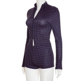 Slim Polka Dot Print Long Sleeve Zip-Up And Shorts Two Piece Set GSBD-D25ST411